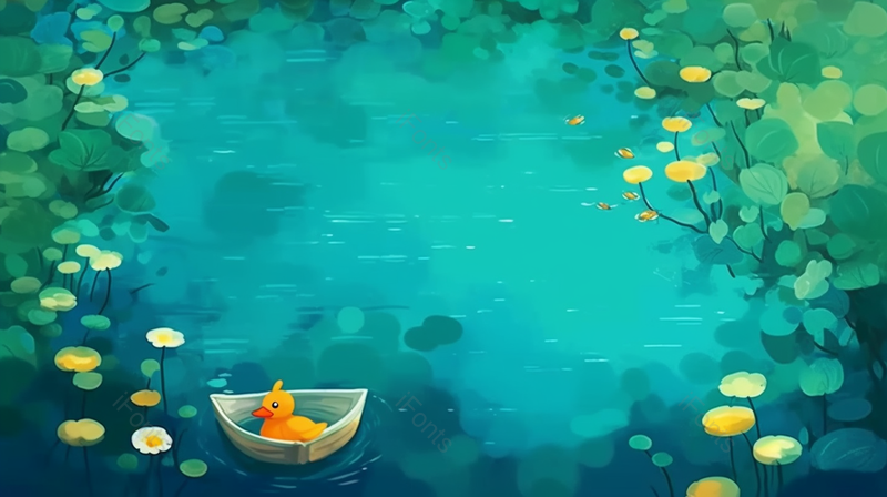 绿色昏暗树林丛林间河流水塘小黄鸭做船傍晚肃静横版插画,插画/手绘图,插画/手绘图库,插画/手绘图下载,插画/手绘